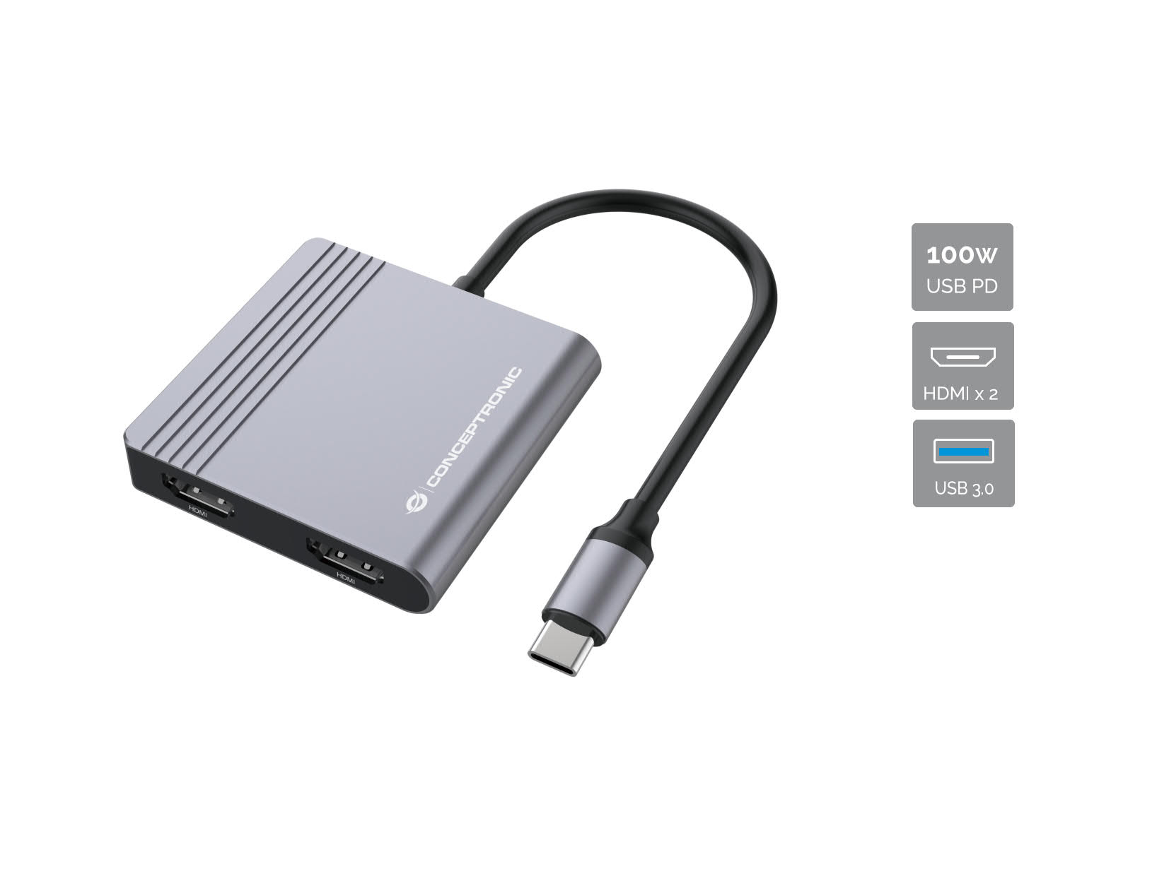 Conceptronic DONN13G 4-in-1 Docking Station USB 3.2 Gen 1, MST, HDMI x 2, USB 3.0, 100W USB PD