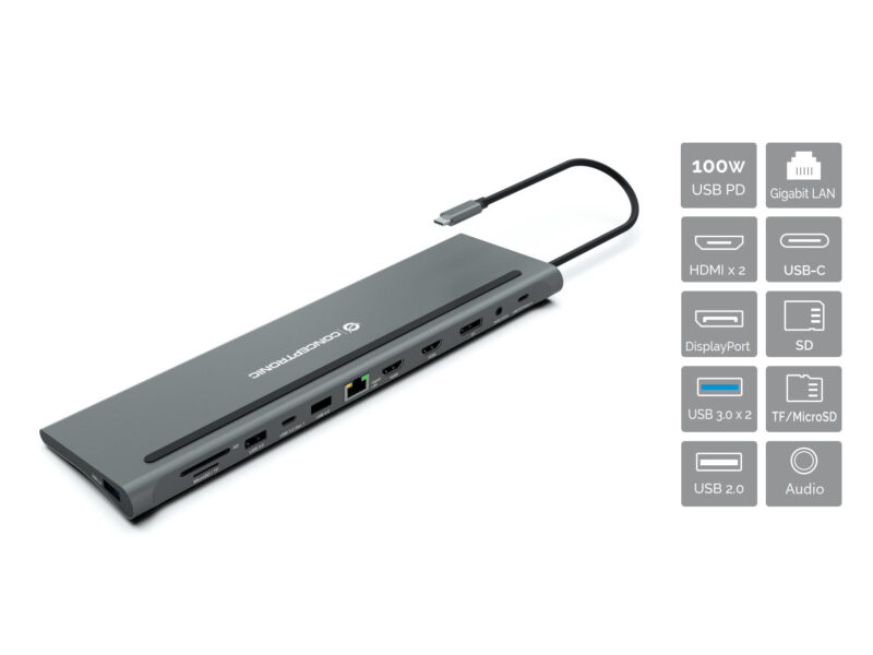 Conceptronic DONN17G 12-in-1 USB 3.2 Gen 1 Docking Station, MST, Triple 4K Display, 100W USB PD, HDMI x 2, DisplayPort, GbE LAN, USB-A 3.0 x 2, USB-A 2.0, USB-C Daten, SD, TF/MicroSD, Audio